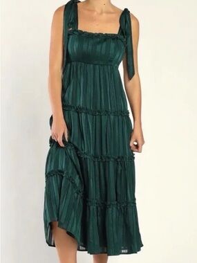 Lulu's Dark Green Tiered Midi Dress with Tie Straps